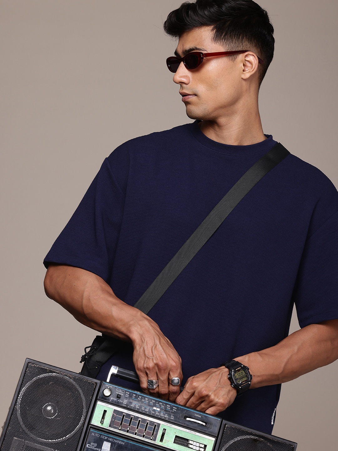 

Roadster Drop-Shoulder Sleeves Anti Odour Oversized T-shirt, Navy blue
