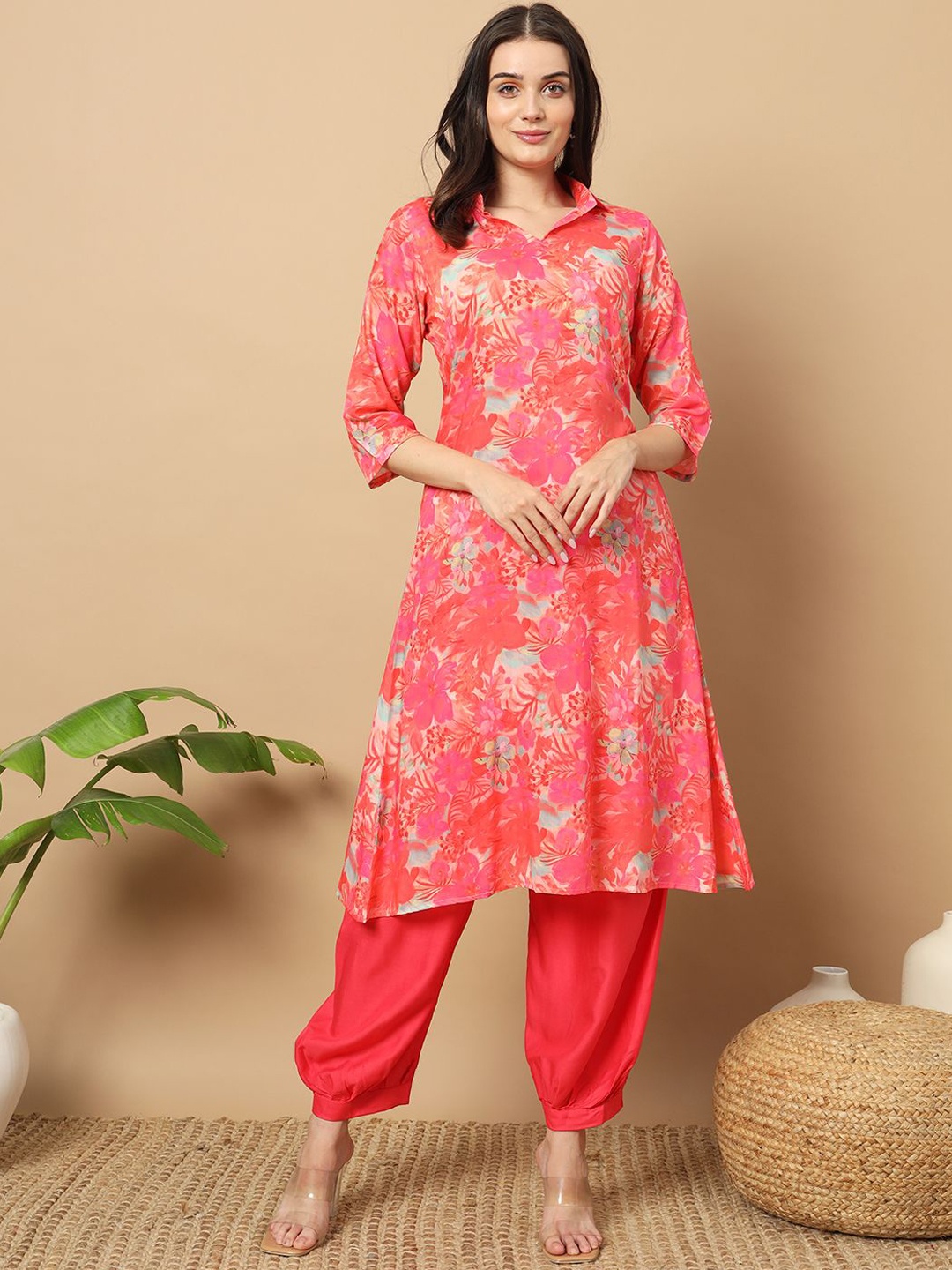 

MORLY Women Floral Printed Regular Kurta with Dhoti Pants, Peach