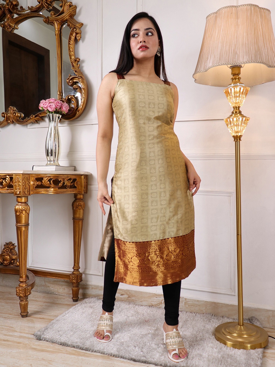 

KALINI Ethnic Motif Printed Straight Kurta, Cream