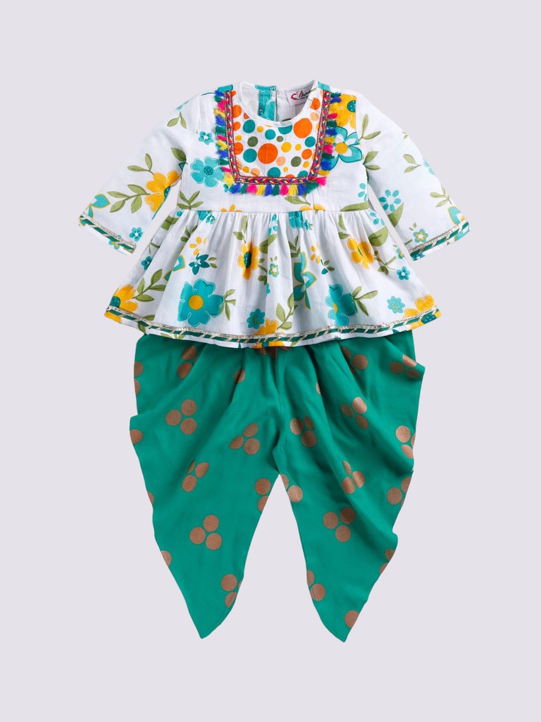 

M'andy Girls Floral Printed Regular Pure Cotton Kurti with Dhoti Pants, Green
