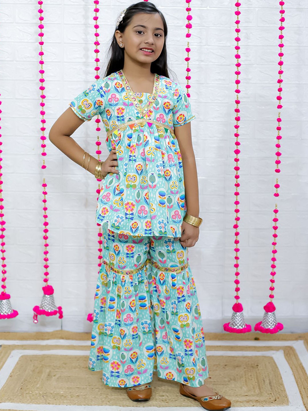 

M'andy Girls Printed Regular Pure Cotton Kurta with Sharara, Blue