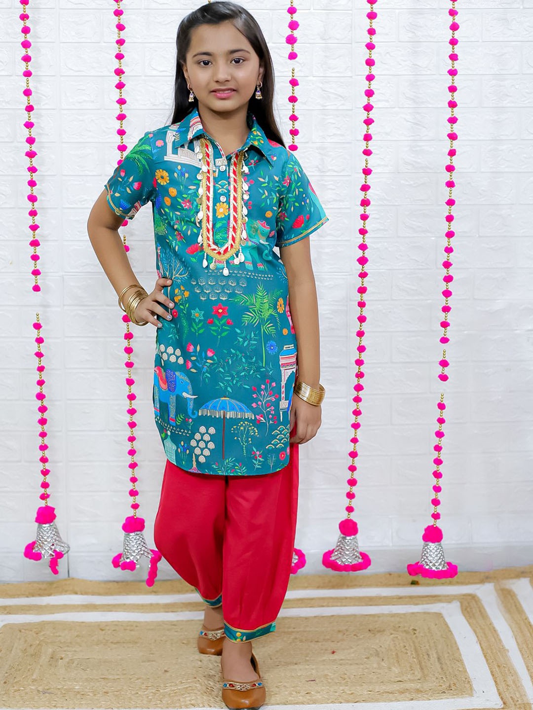 

M'andy Girls Floral Printed Regular Pure Cotton Kurta with Salwar, Green
