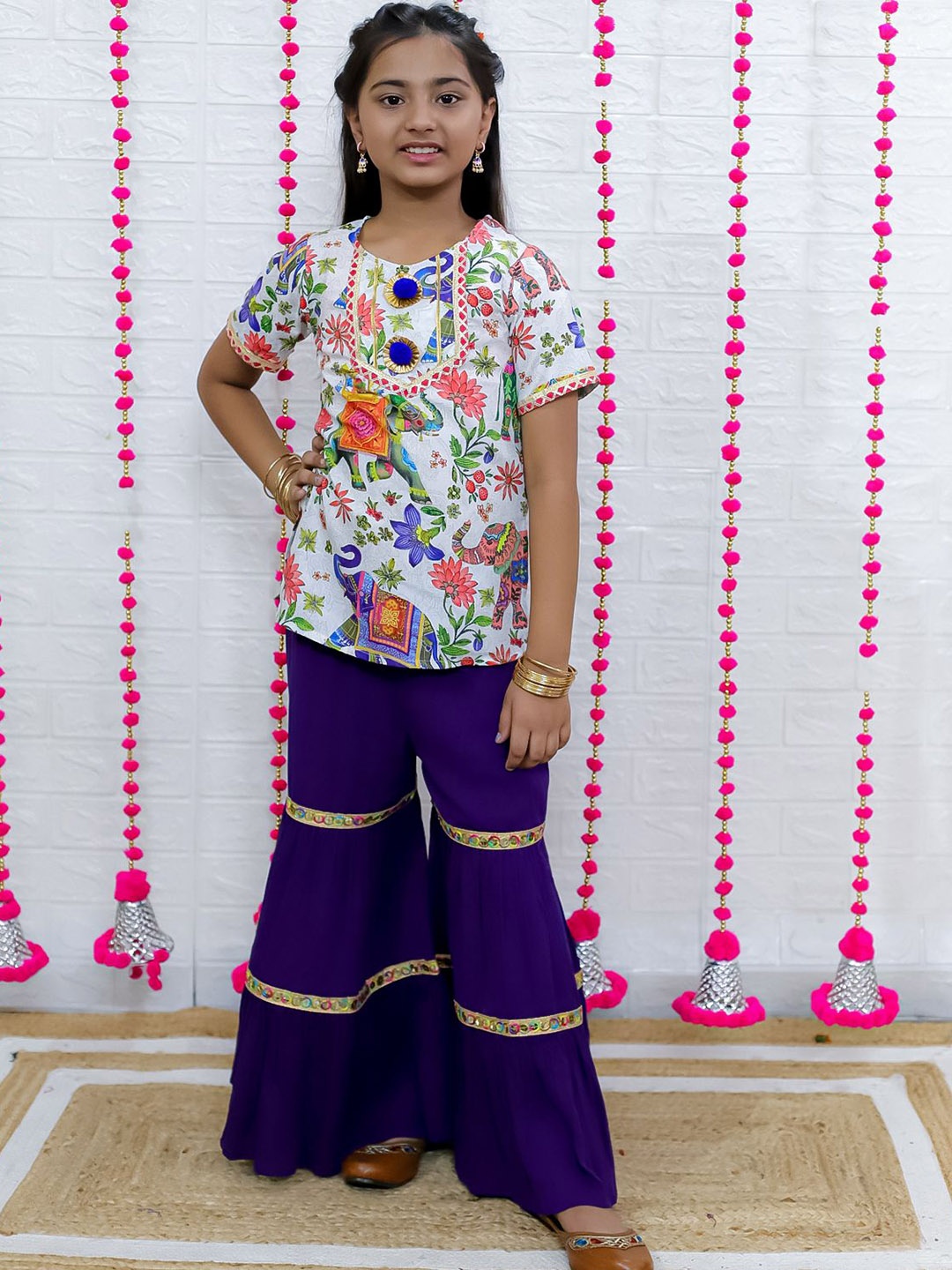 

M'andy Girls Floral Printed Regular Pure Cotton Kurta with Sharara, Purple