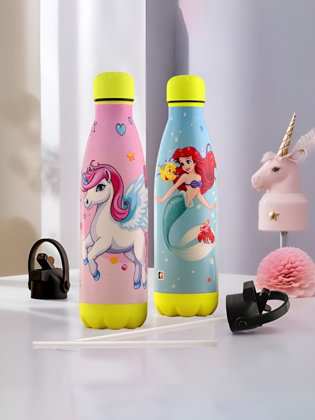 

Kuber Industries Pink & Blue Set of 2 Stainless Steel Printed Smart Vacuum Water Bottle