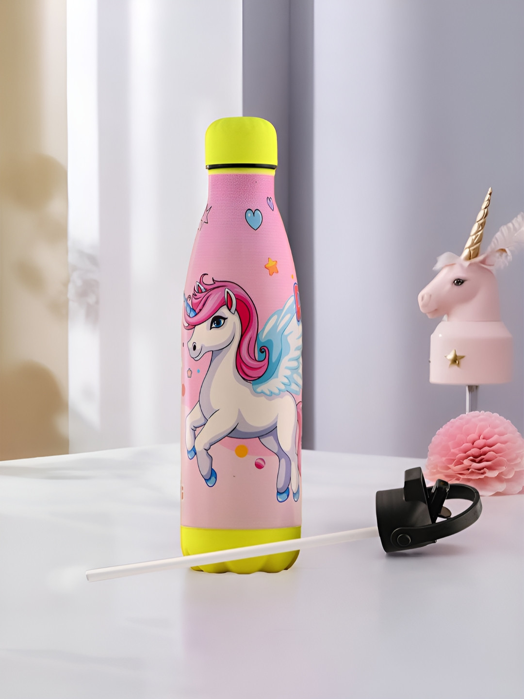 

Kuber Industries Pink & Yellow Single Stainless Steel Printed Smart Vacuum Water Bottle
