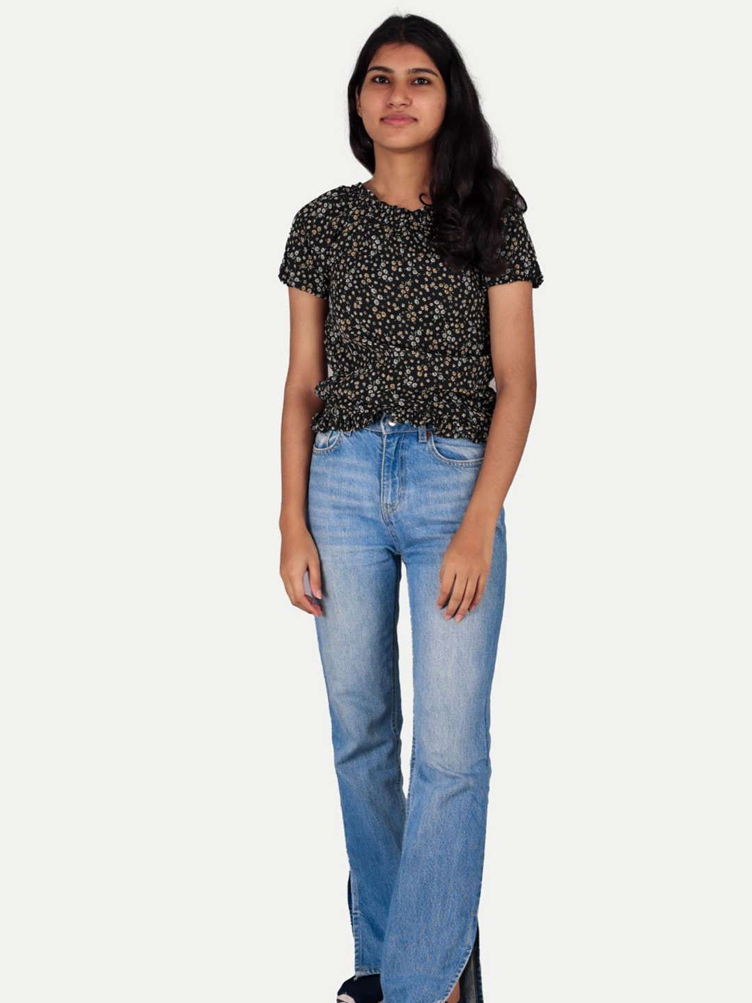 

BAESD Floral Print Bell Sleeve Cotton Top, Black