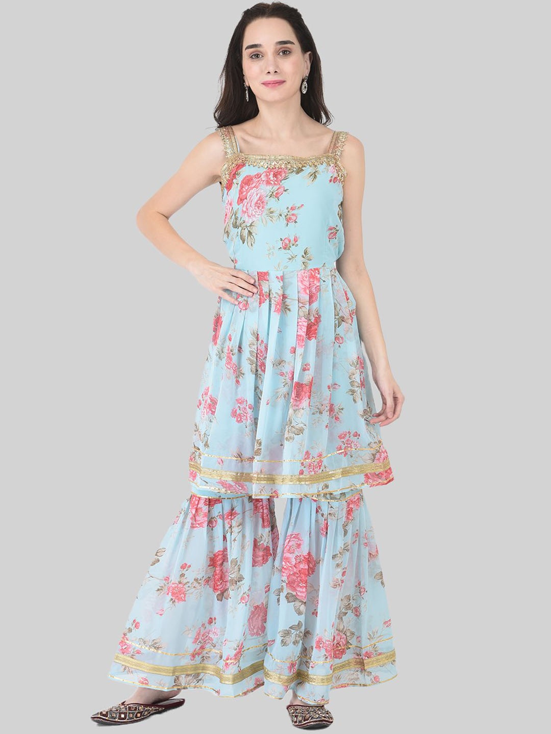 

FNOCKS Women Floral Printed Regular Kurta with Sharara, Blue