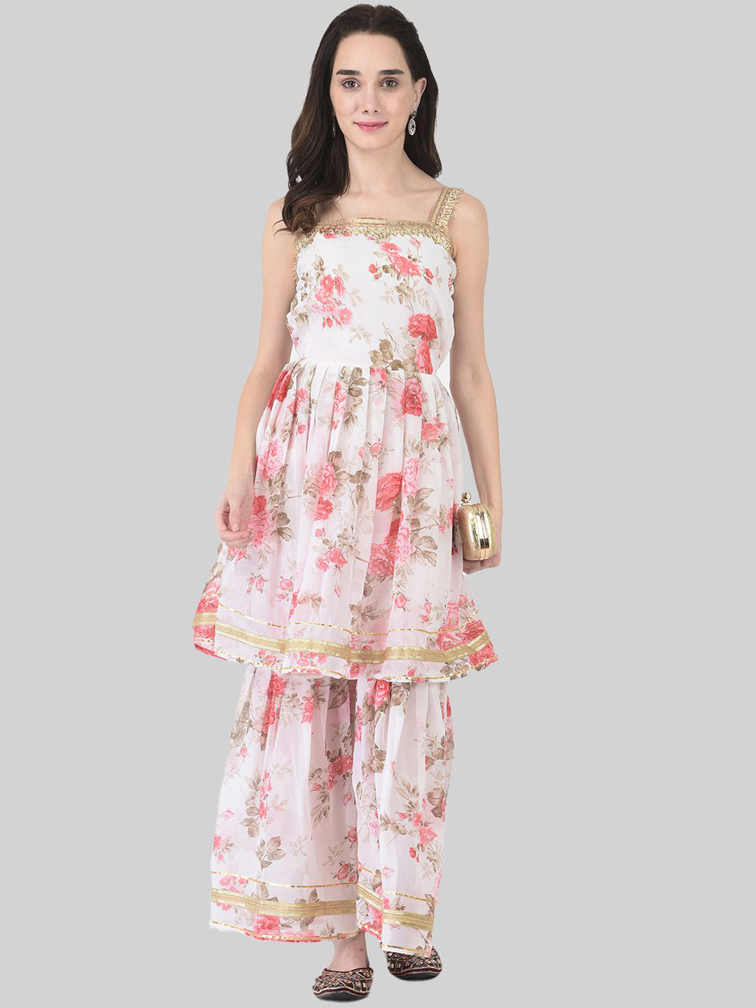 

FNOCKS Women Floral Printed Regular Kurti with Sharara, White