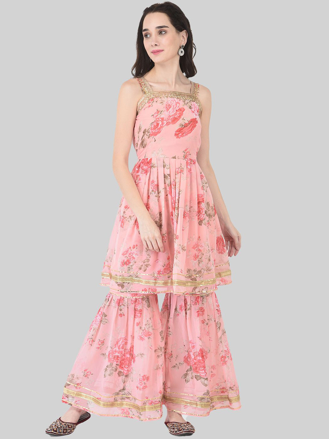 

FNOCKS Women Floral Printed Regular Kurti with Sharara, Pink