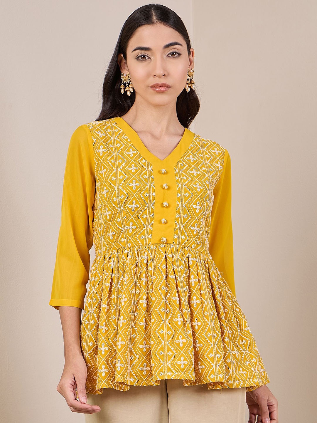 

ADORNIA Ethnic Motifs Embroidered V-Neck Chikankari Chikankari Pleated Anarkali Kurti, Mustard