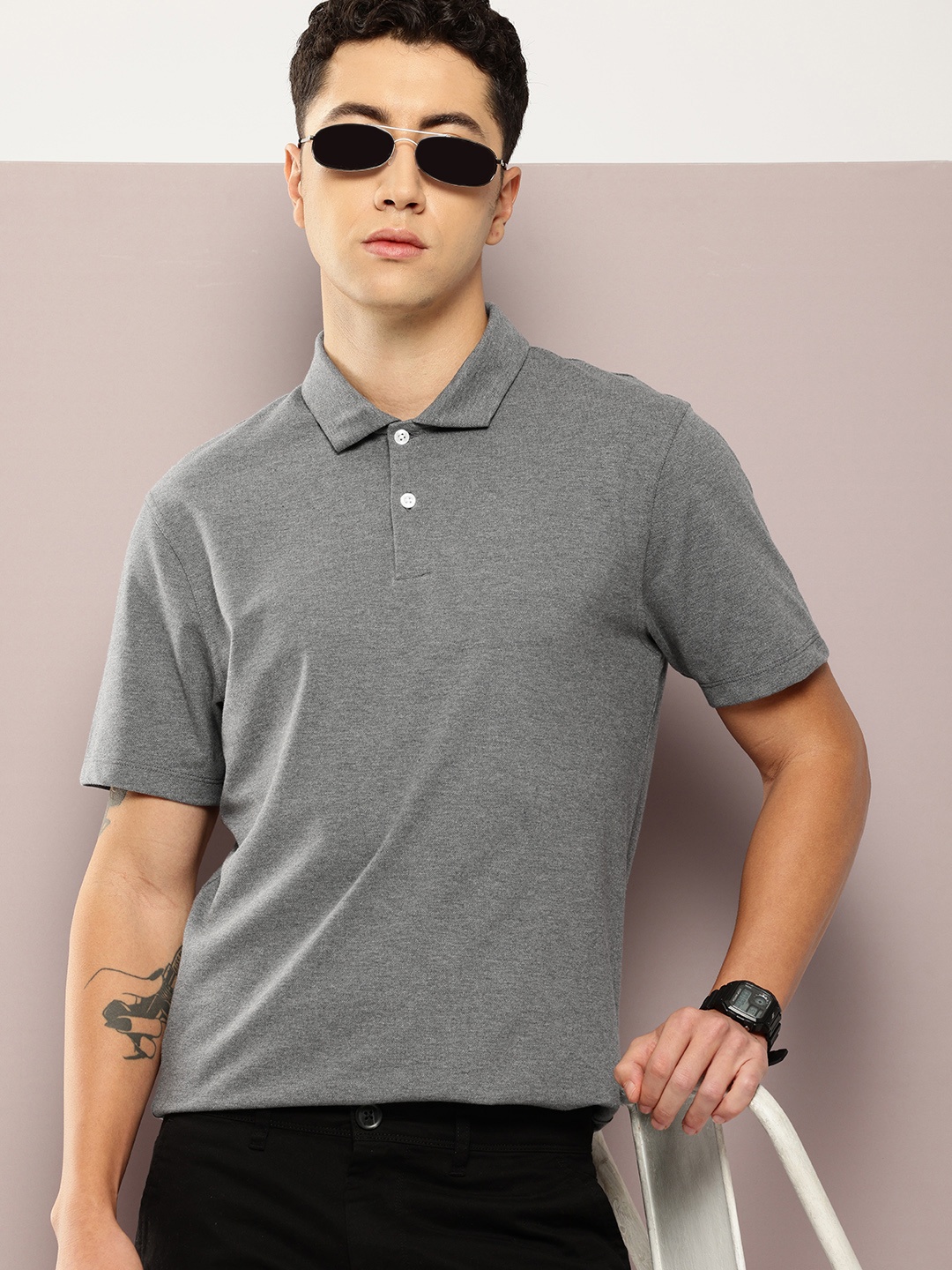 

Kook N Keech Men Polo Collar Pure Cotton T-shirt, Charcoal