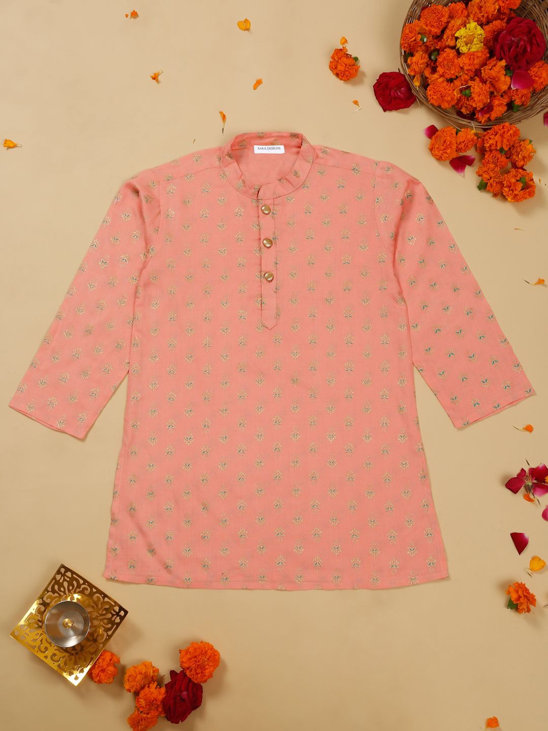 SAKA DESIGNS Boys Ethnic Motifs Printed Mirror Work Kurta, Peach