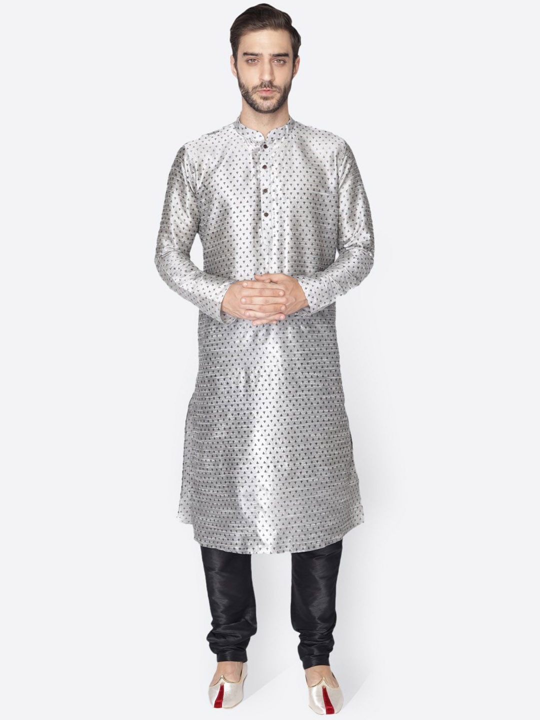 

NAMASKAR Men Floral Printed Regular Dupion Silk Kurta with Churidar, Silver