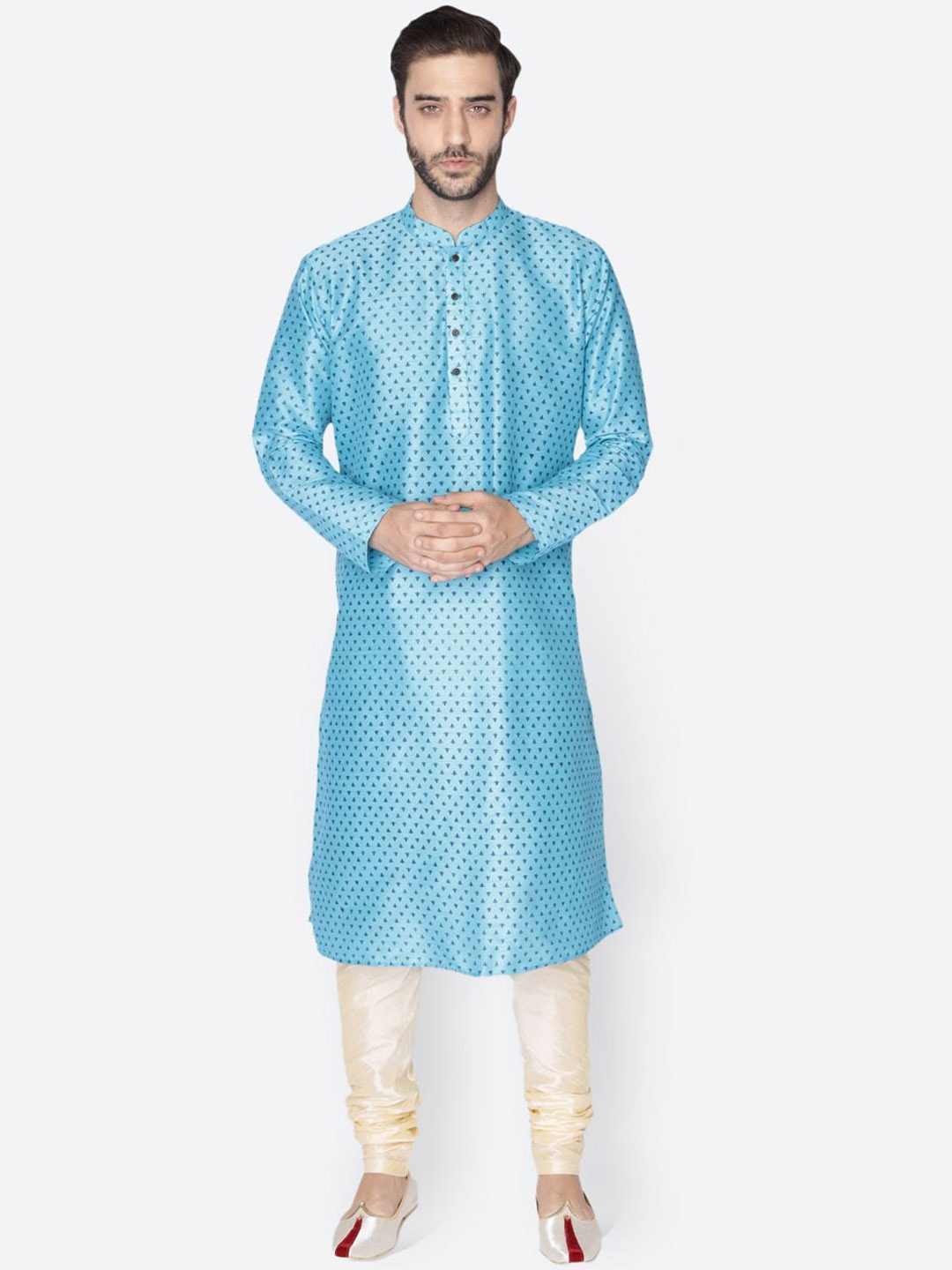 

NAMASKAR Men Printed Regular Dupion Silk Kurta with Churidar, Blue
