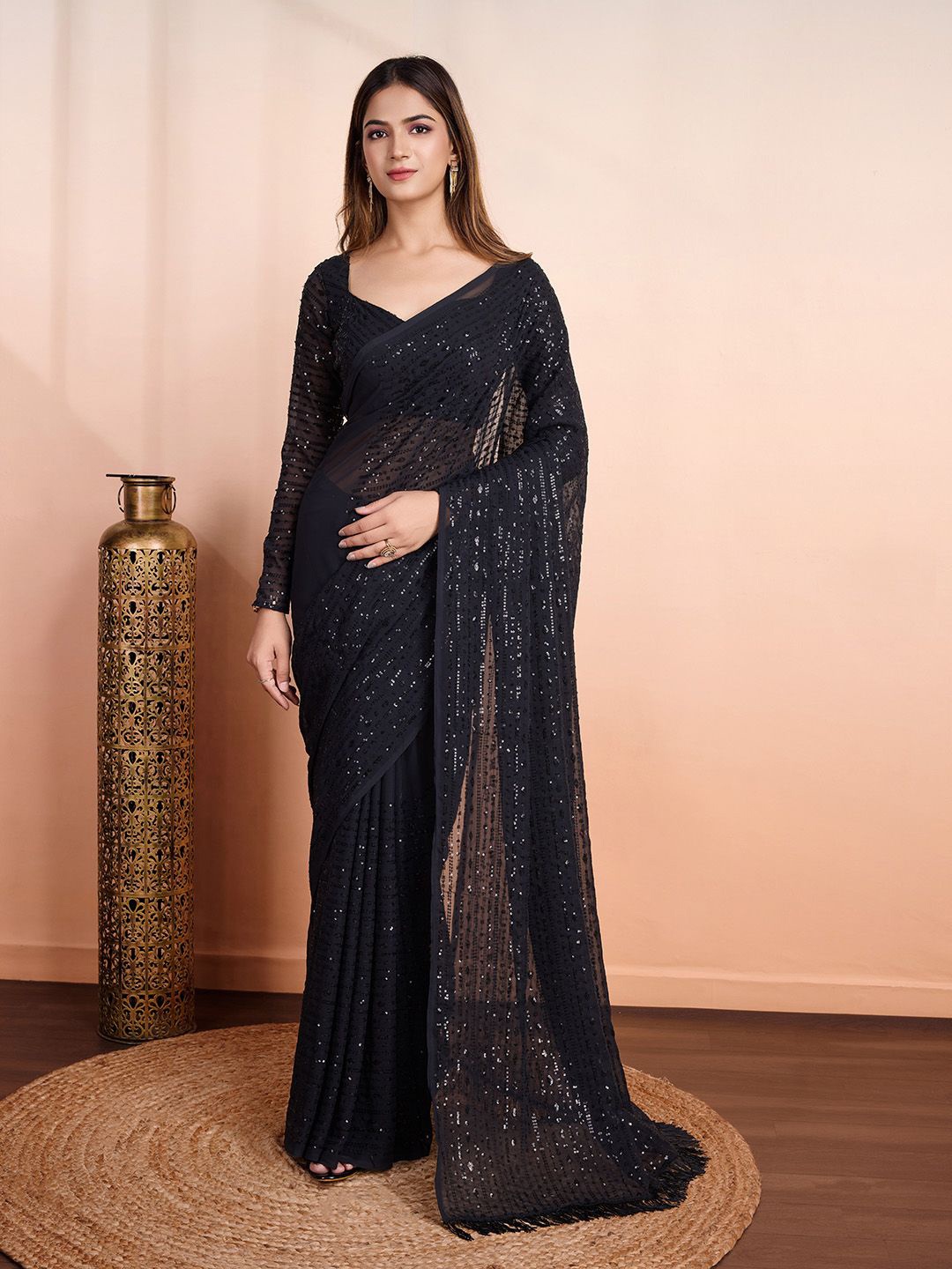 

HERE&NOW Embellished Sequinned Pure Georgette Saree, Black