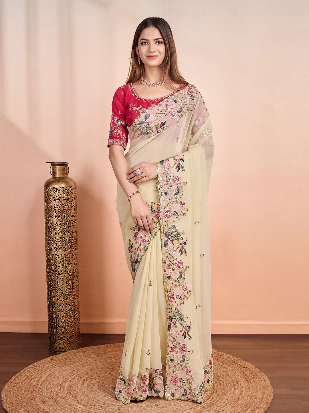 

HERE&NOW Floral Embroidered Pure Georgette Saree, Cream