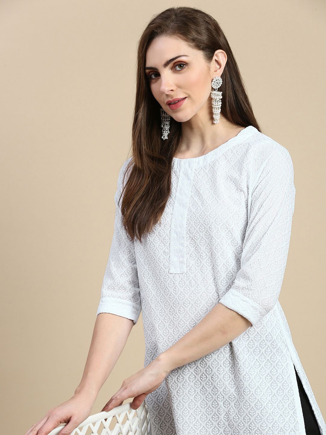 

SHOWOFF Women Embroidered Thread Work Floral Kaftan Kurta, White