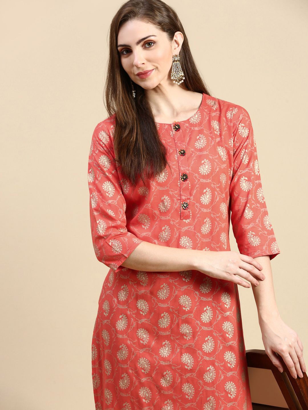 

SHOWOFF Women Geometric Indie Prints Kurta, Orange