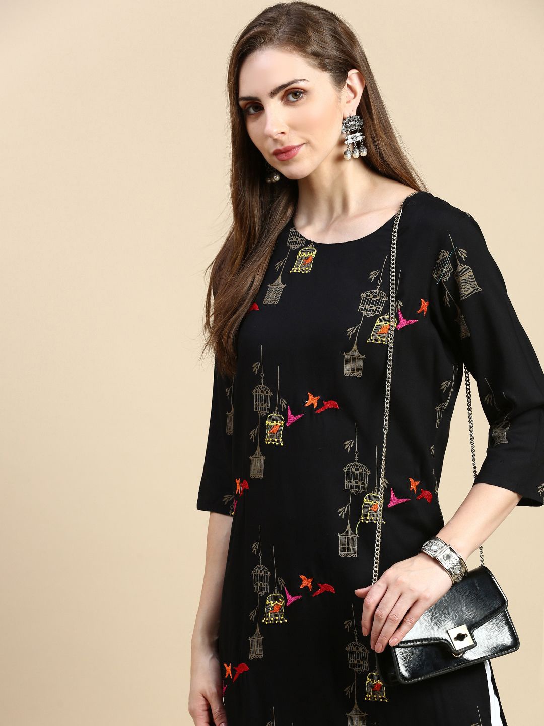 

SHOWOFF Women Floral Embroidered Keyhole Neck Flared Sleeves Sequinned Kurta, Black