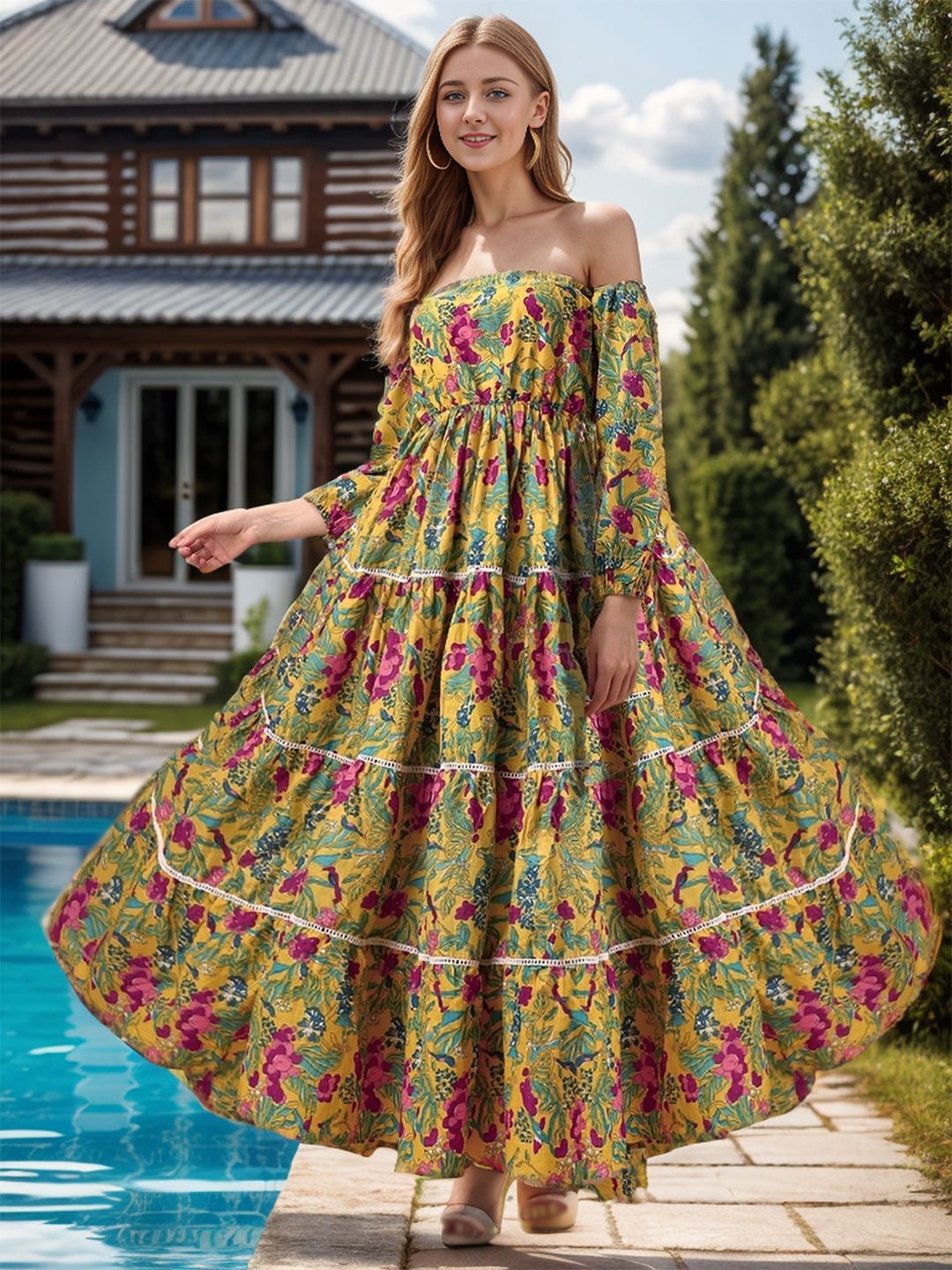 

Ziva Fashion Floral Print Off-Shoulder Maxi Dress, Yellow