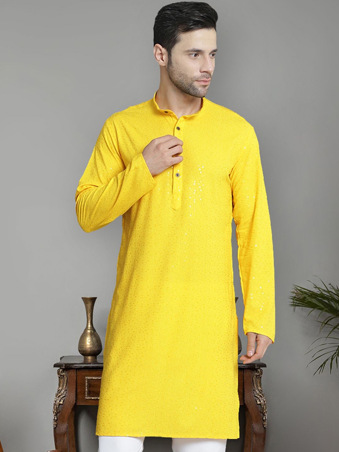 

Jompers Men Flared Sleeves Thread Work Pathani Kurta, Yellow