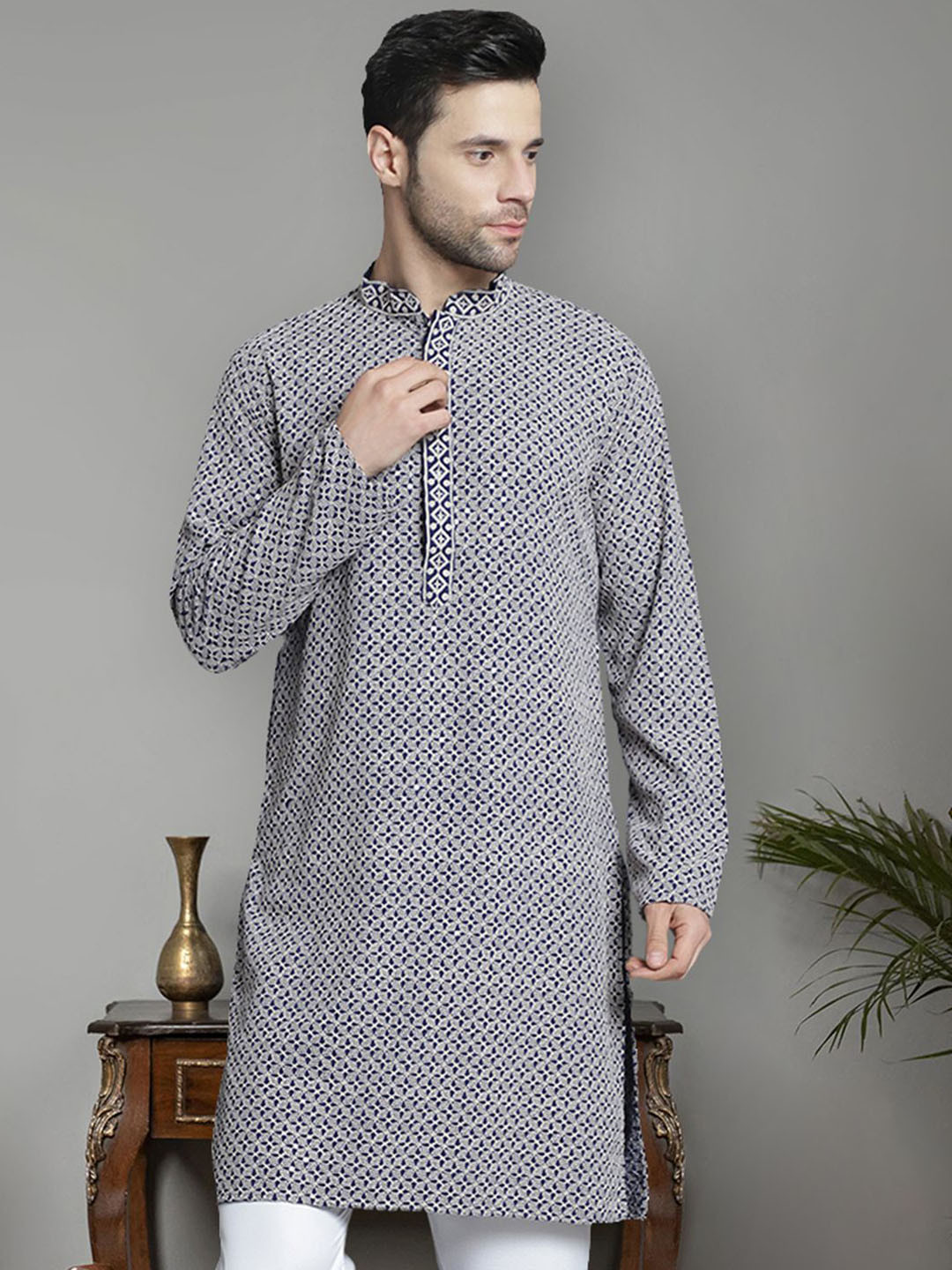 

Jompers Men Checked Kurta, Navy blue