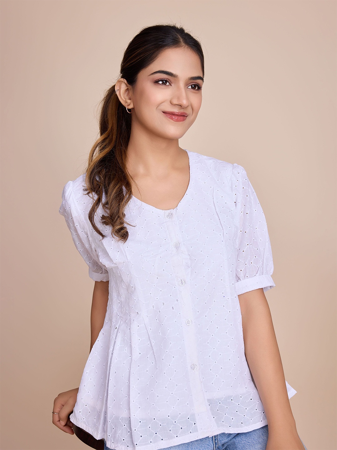 

HOUSE OF MIRA Print Cotton Top, White