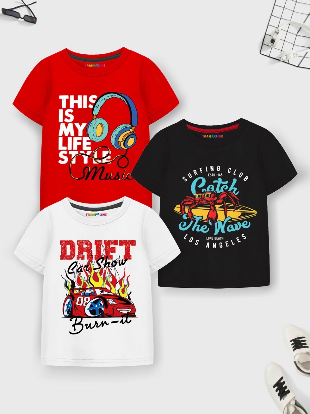 

YK X Trampoline Boys Pack Of 3 Graphic Printed Round Neck T-shirts, Red