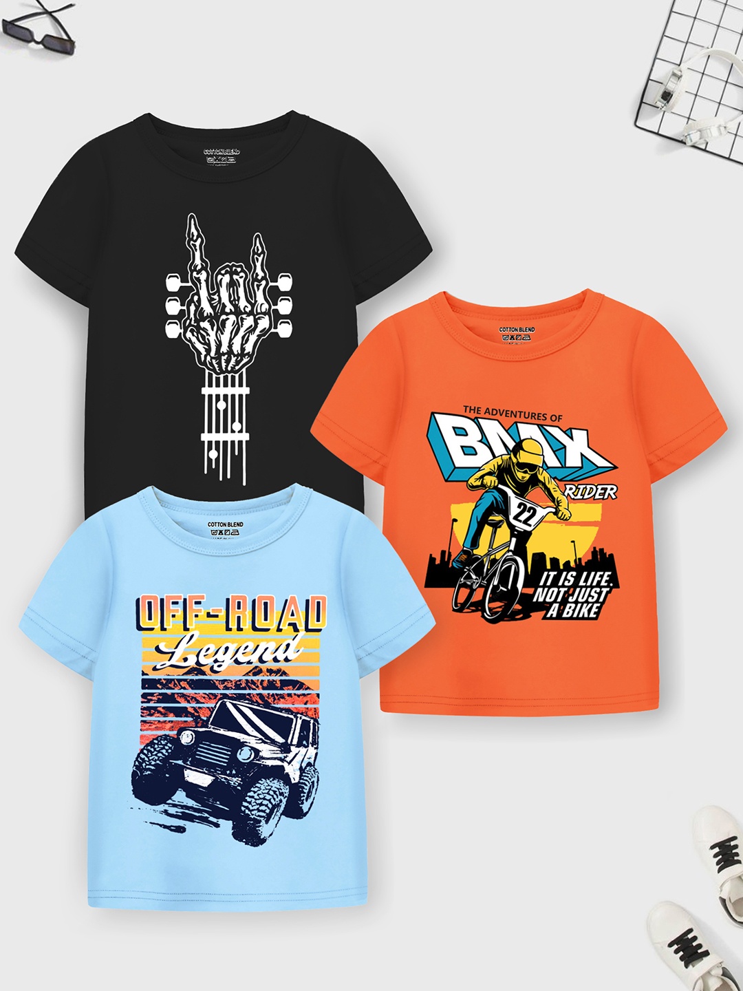

YK X Trampoline Boys Pack Of 3 Printed Round Neck T-shirts, Black