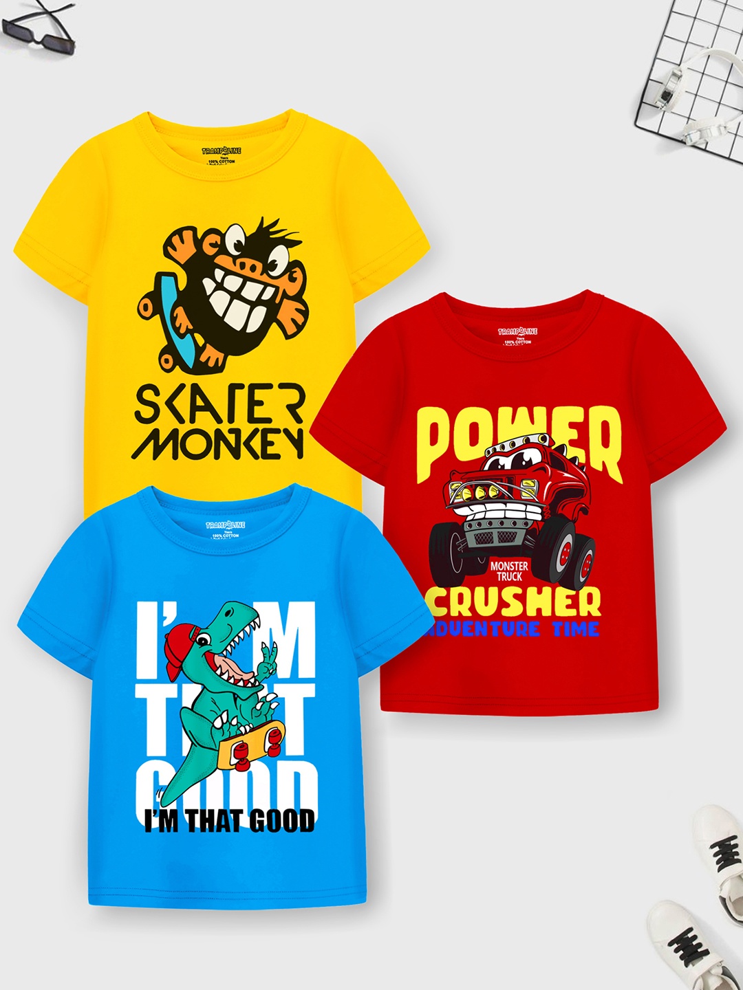 

YK X Trampoline Boys Pack Of 3 Graphic Printed Round Neck T-shirts, Red