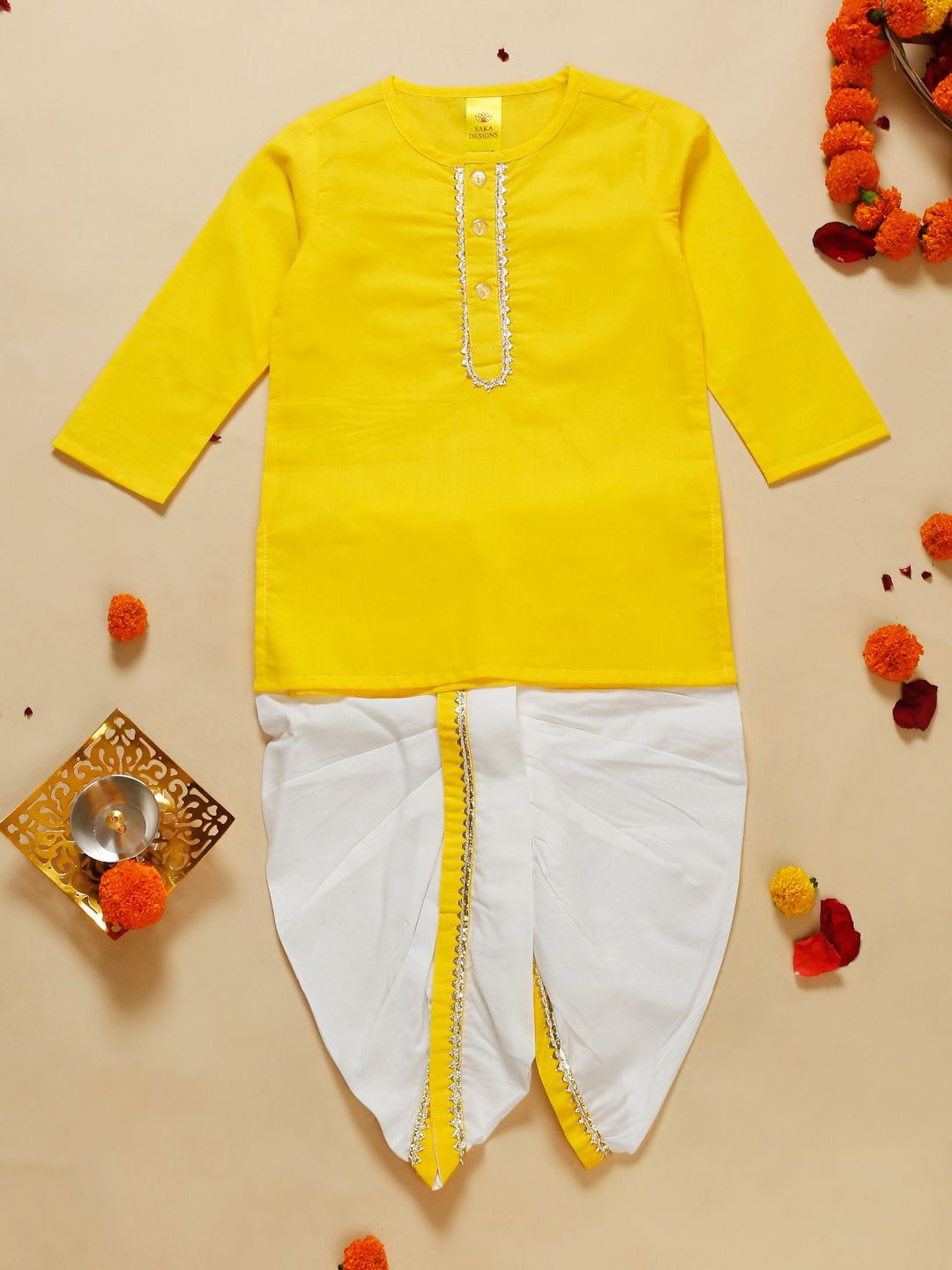 

SAKA DESIGNS Boys Regular Pure Cotton Kurta with Dhoti Pants, Yellow