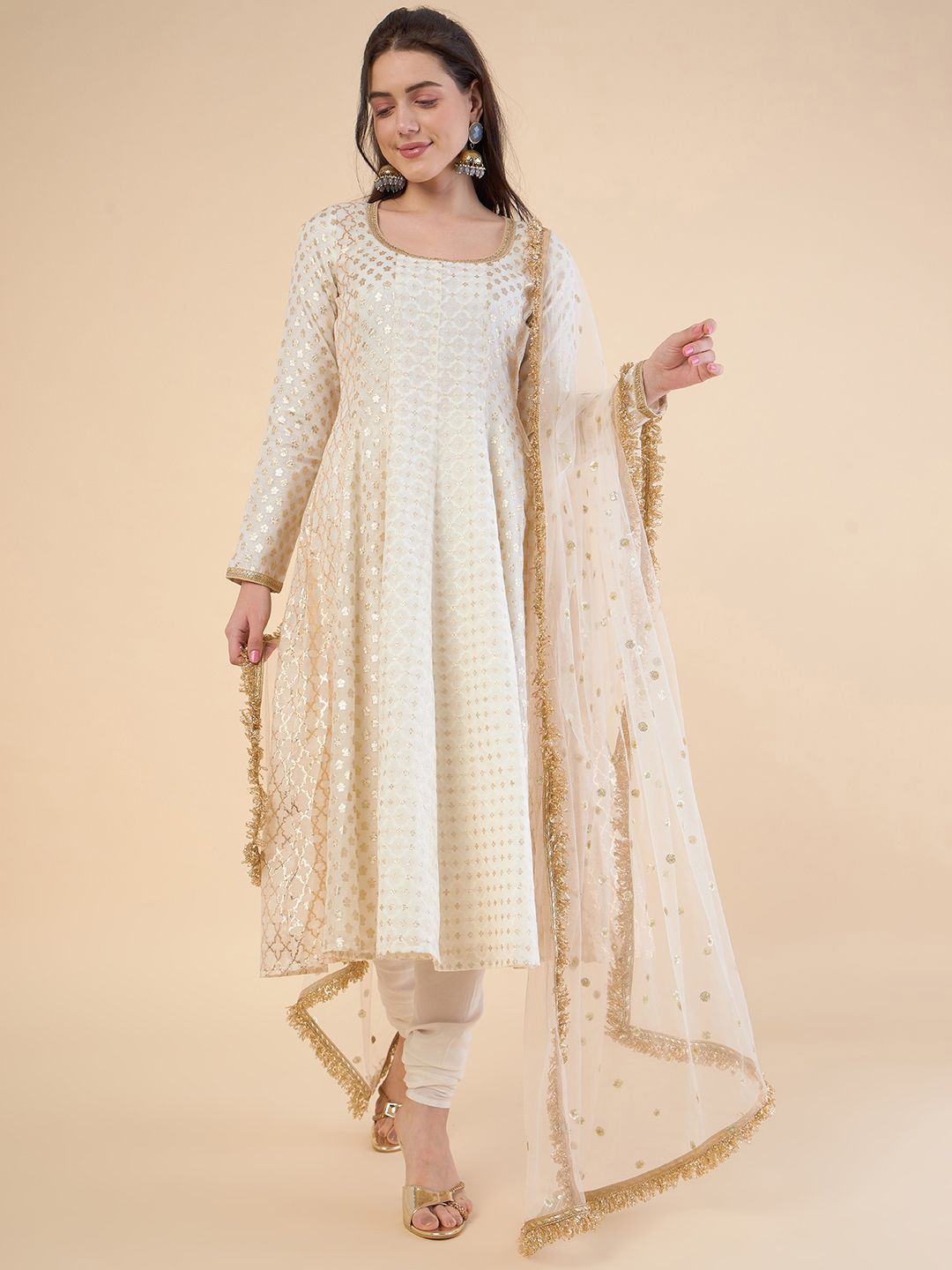 

ADORNIA Women Ethnic Motifs Panelled Sequinned Chanderi Cotton Kurta with Churidar & With Dupatta, Off white