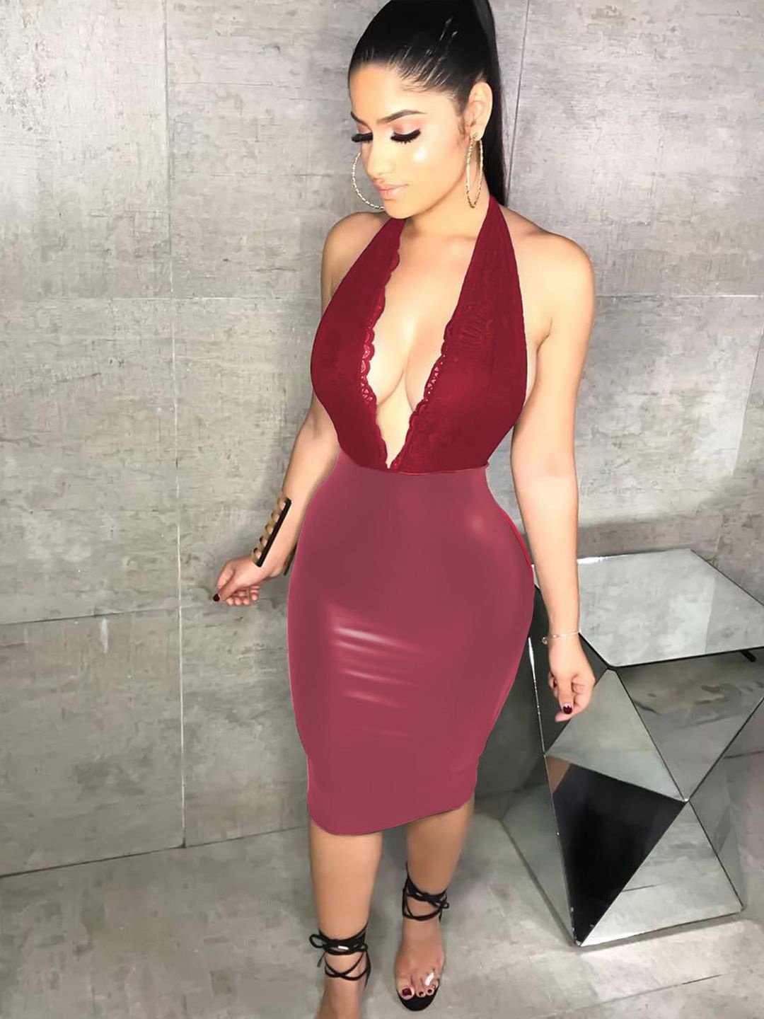 FIMBUL Self Design Backless Tight Dress, Red