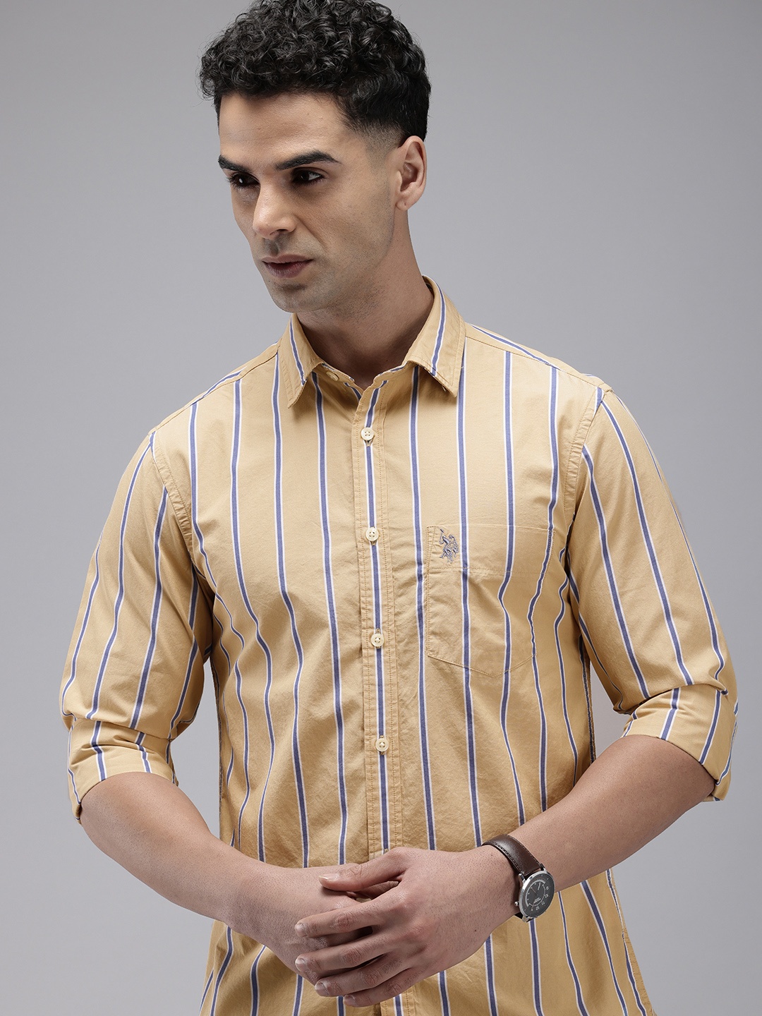 

U.S. Polo Assn. Tailored Fit Vertical Stripes Pure Cotton Casual Shirt, Khaki