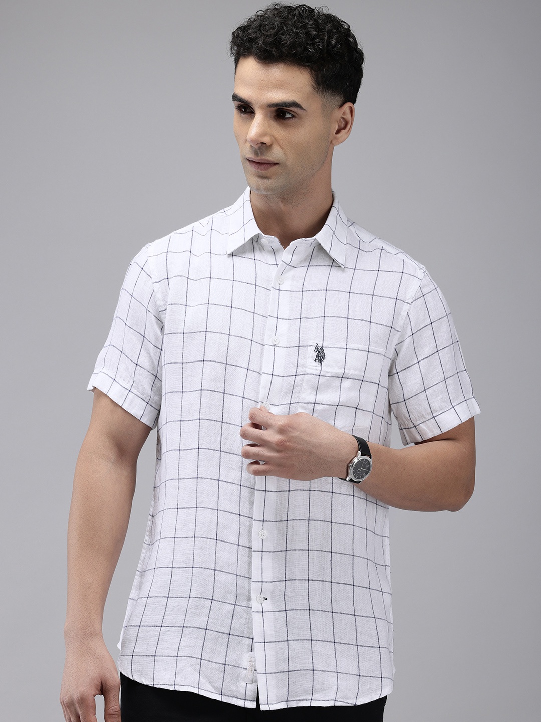 

U.S. Polo Assn. Tailored Fit Windowpane Checks Pure Linen Casual Shirt, White