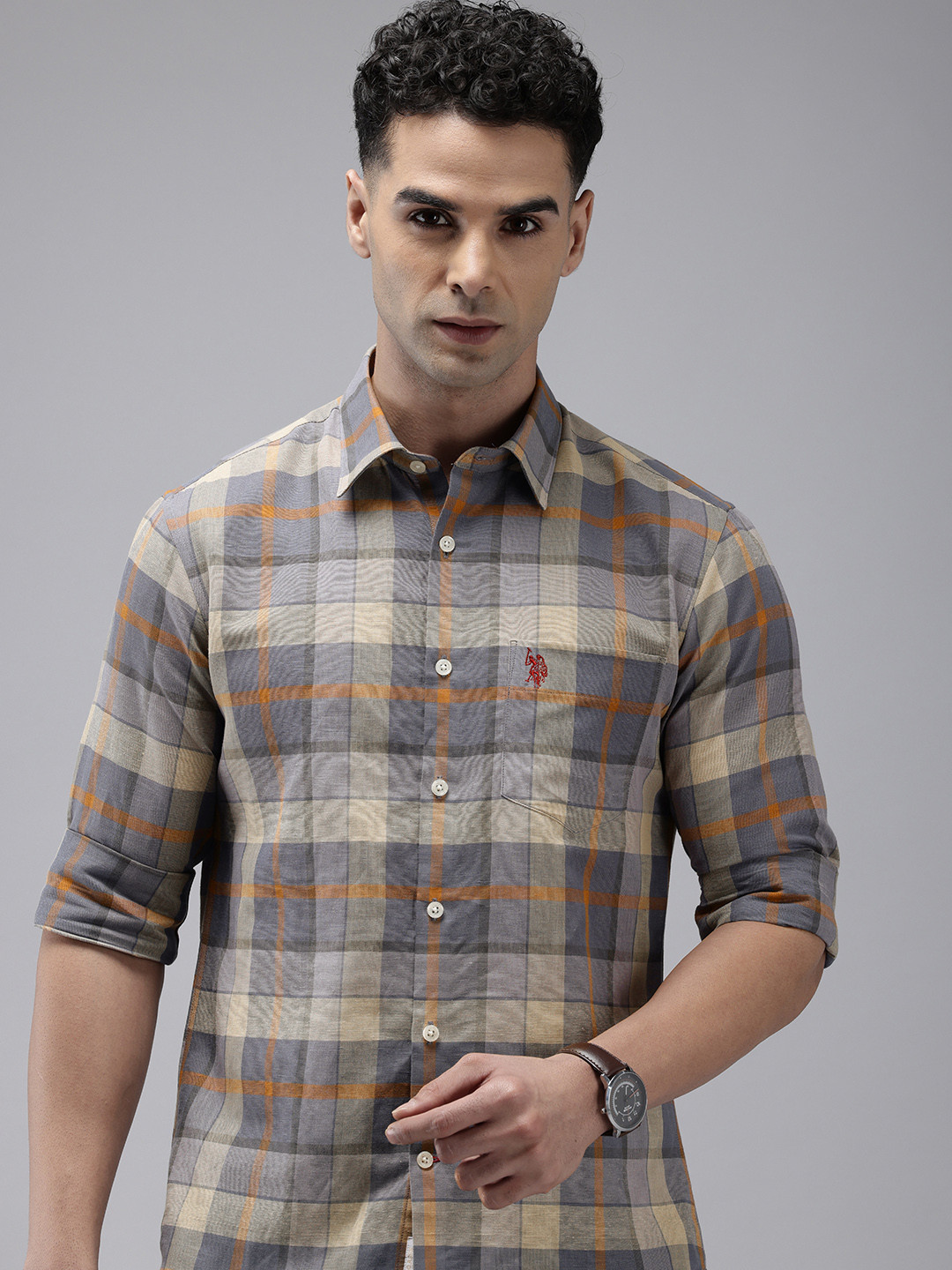 

U.S. Polo Assn. Linen Cotton Tailored Fit Checked Casual Shirt, Blue
