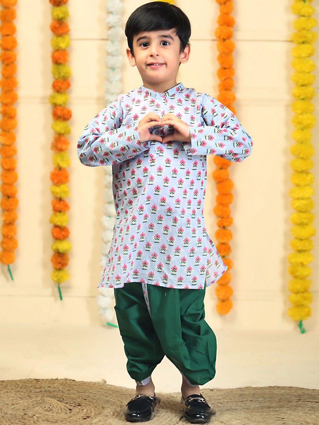 The Mom Store Boys Floral Printed Regular Pure Cotton Kurta with Dhoti Pants, Lavender