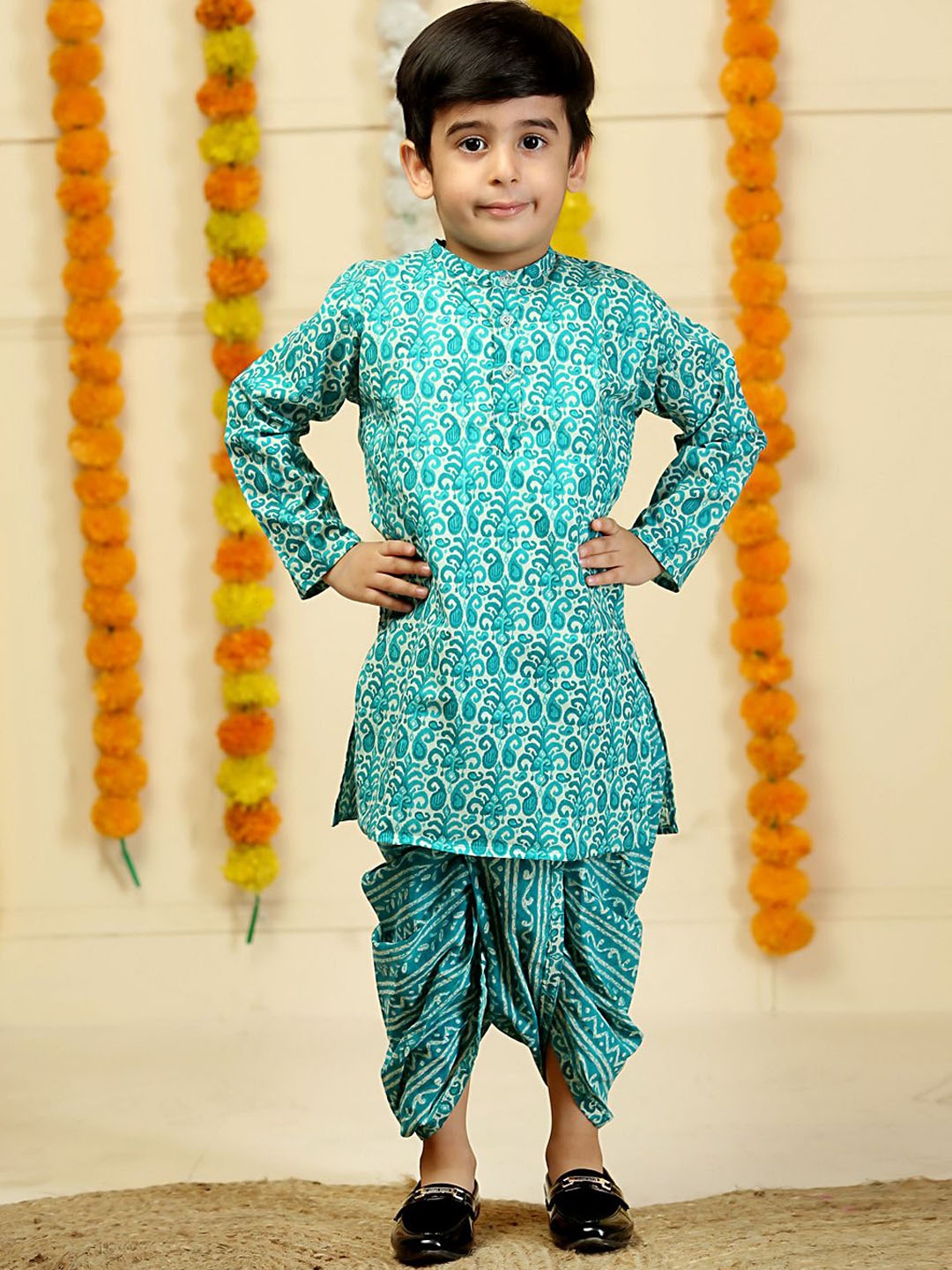 

The Mom Store Boys Paisley Printed Regular Pure Cotton Kurta with Dhoti Pants, Blue