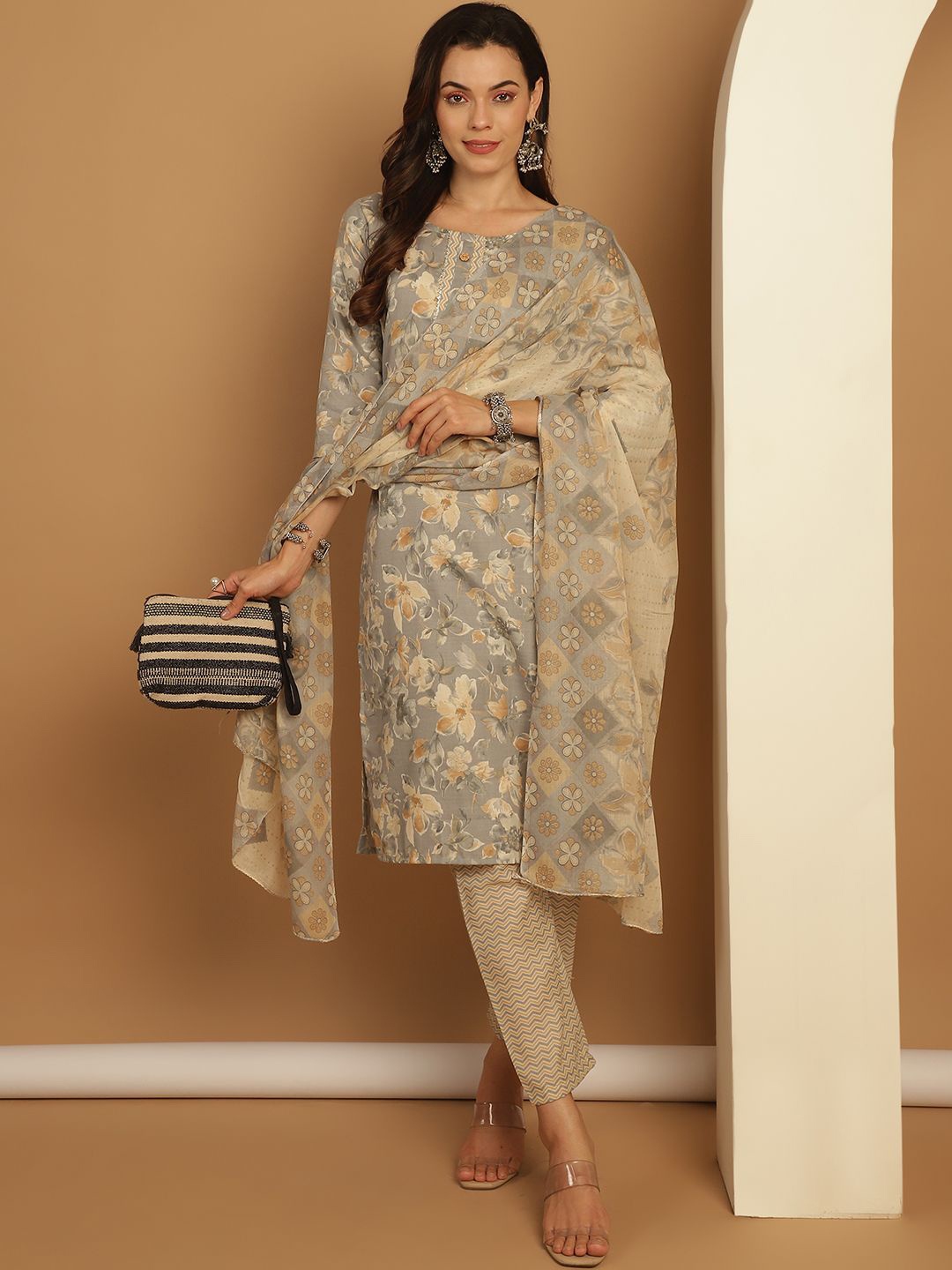 

Anouk Women Floral Printed Regular Pure Cotton Kurta with Trousers & With Dupatta, Grey