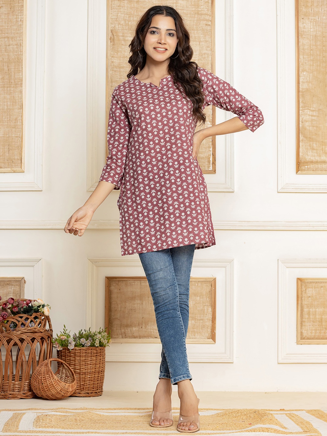

Cottbelle Print Cotton Top, Maroon