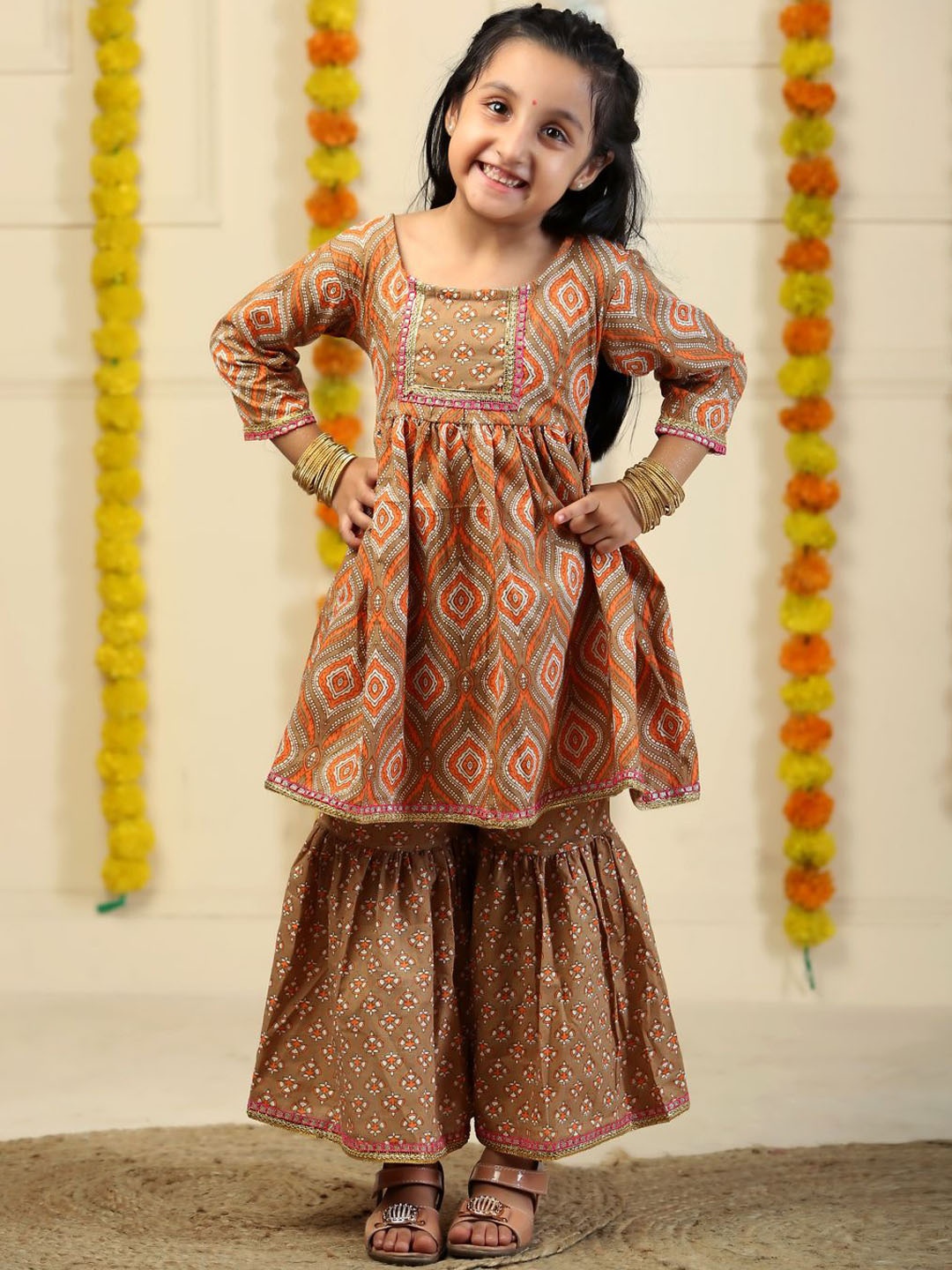 

The Mom Store Girls Floral Printed Regular Pure Cotton Kurta with Sharara, Brown