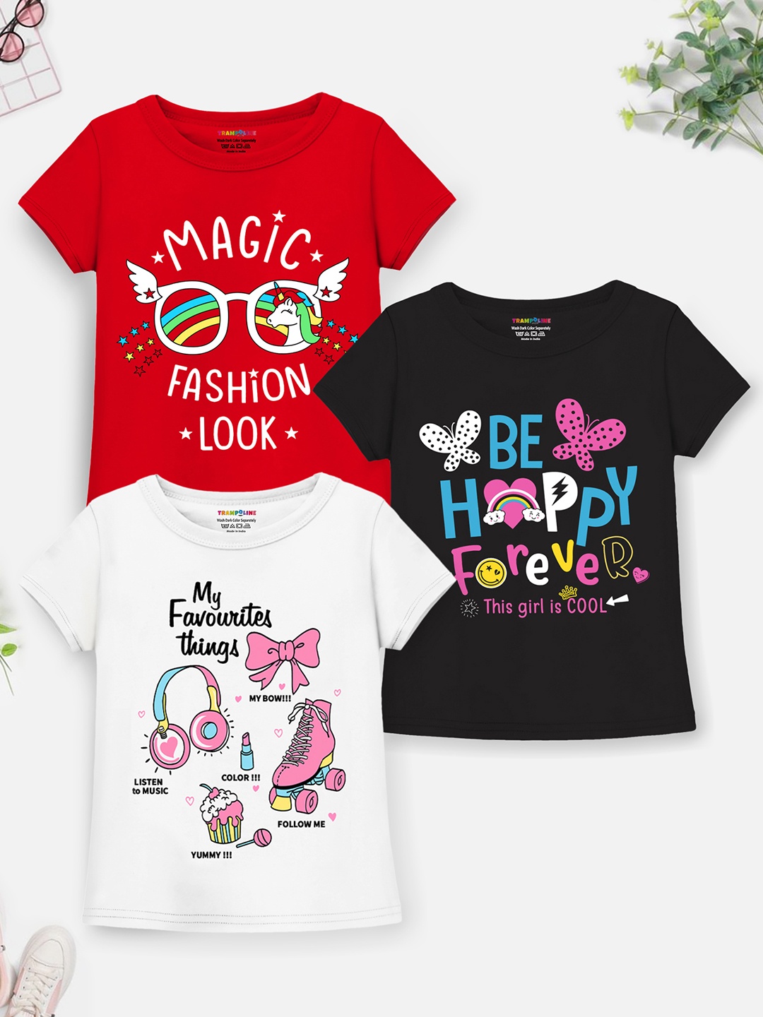 

YK X Trampoline Girls Pack Of 3 Graphic Printed Round Neck T-shirts, White