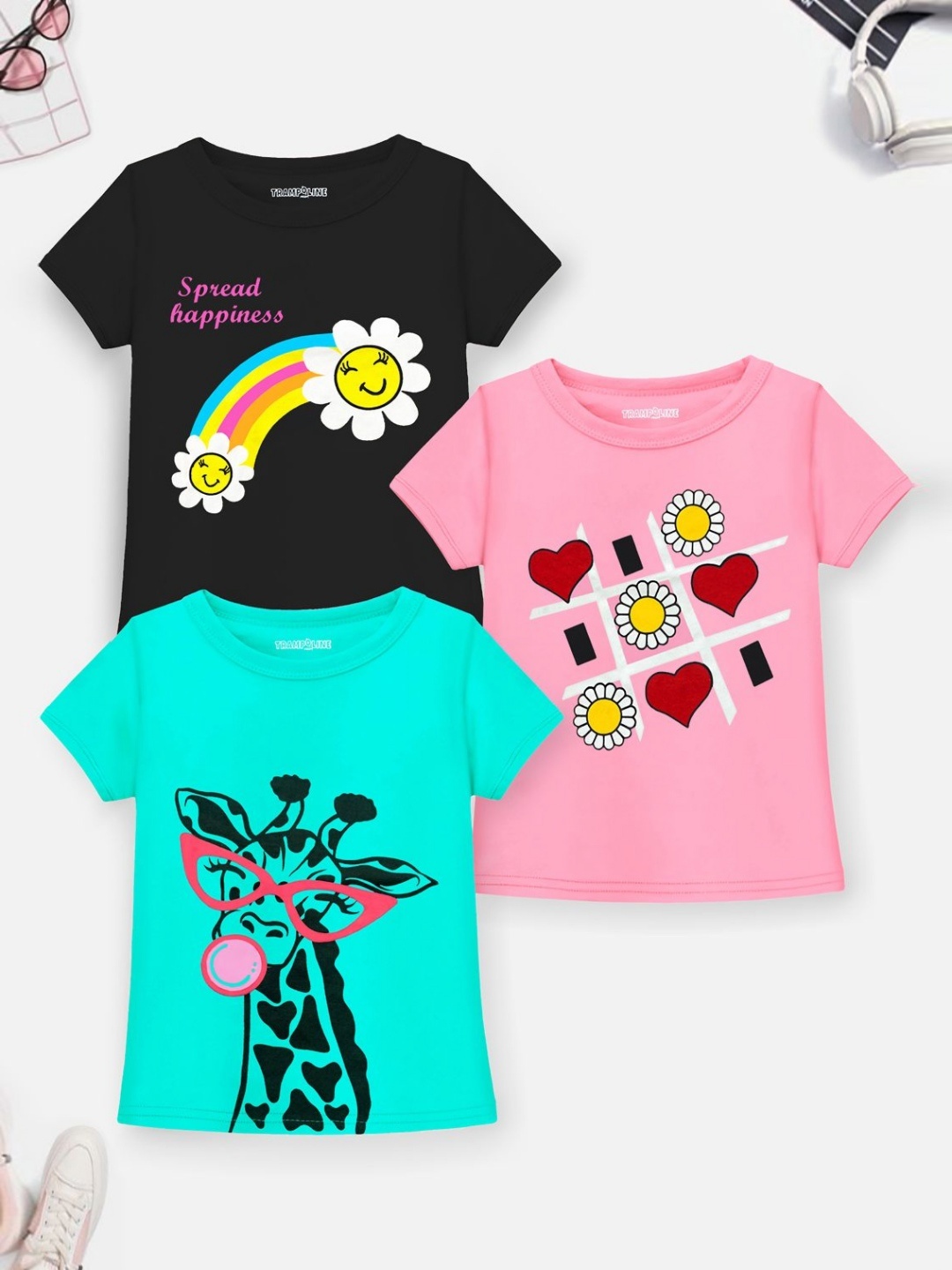 

YK X Trampoline Girls Pack Of 3 Graphic Printed Cotton T-shirt, Black