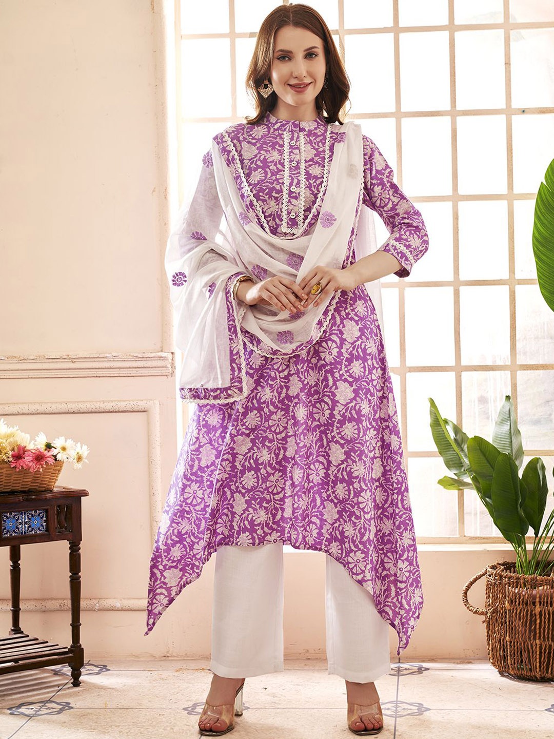 

Anouk Women Floral Printed Regular Pure Cotton Kurta with Palazzos & With Dupatta, Lavender