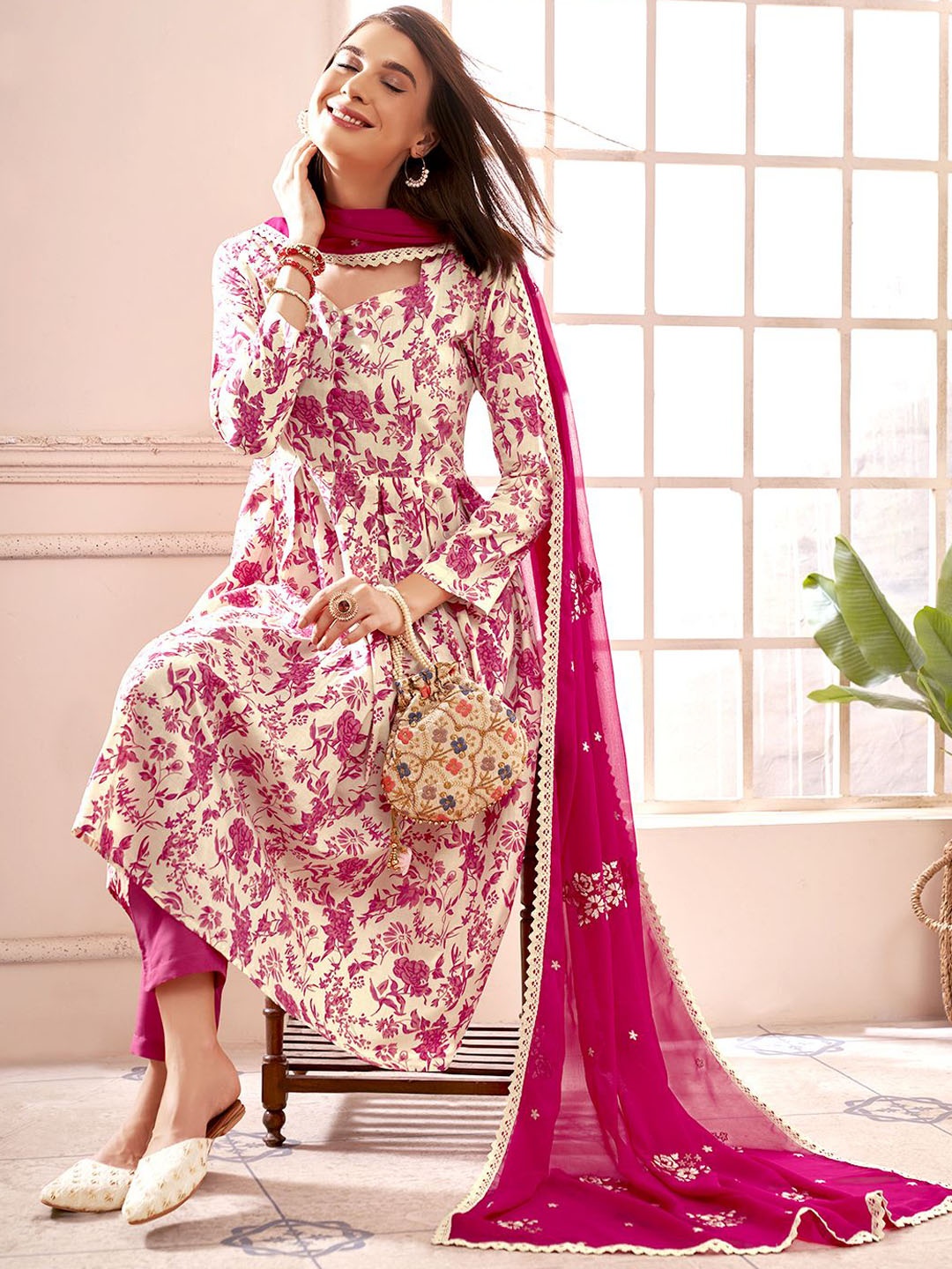 

Anouk Women Floral Printed Pleated Thread Work Pure Cotton Kurta with Trousers & With Dupatta, Cream