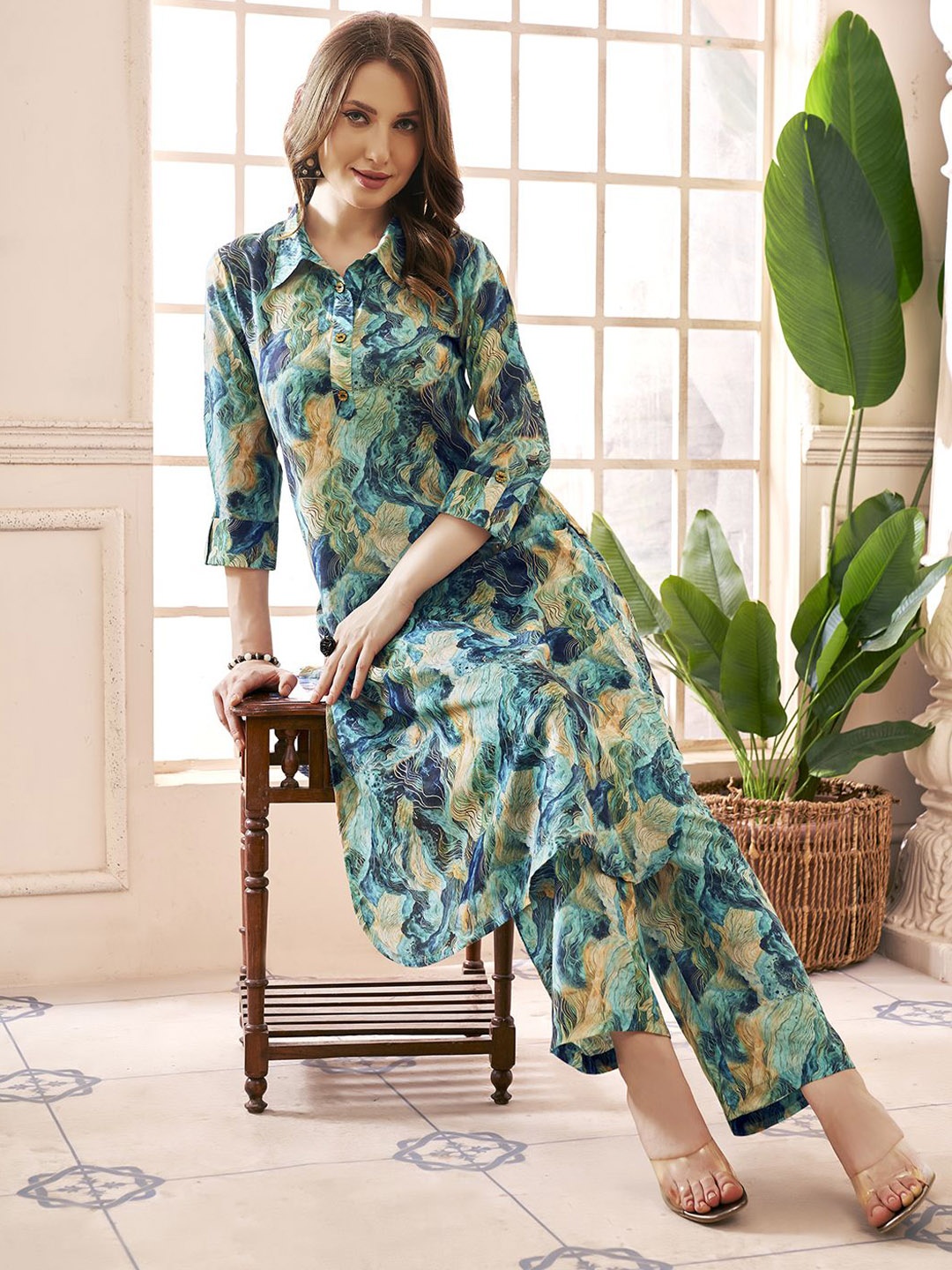 

Anouk Printed Top With Trouser Co Ords, Sea green