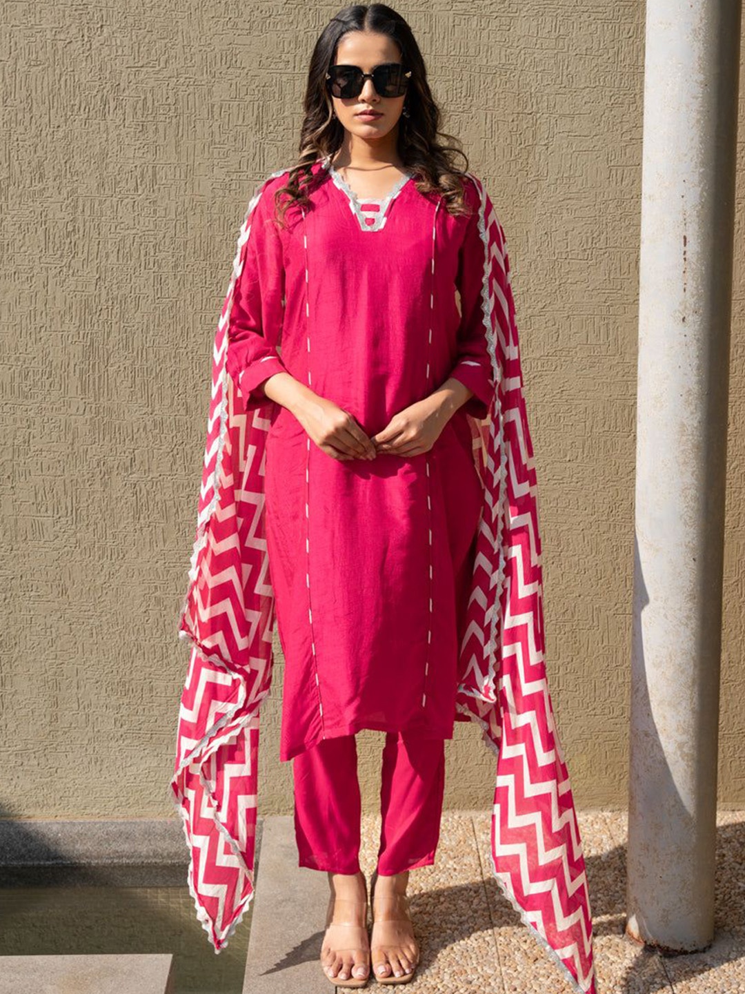 

THE52 Women Floral Yoke Design Regular Kurta with Trousers & With Dupatta, Pink