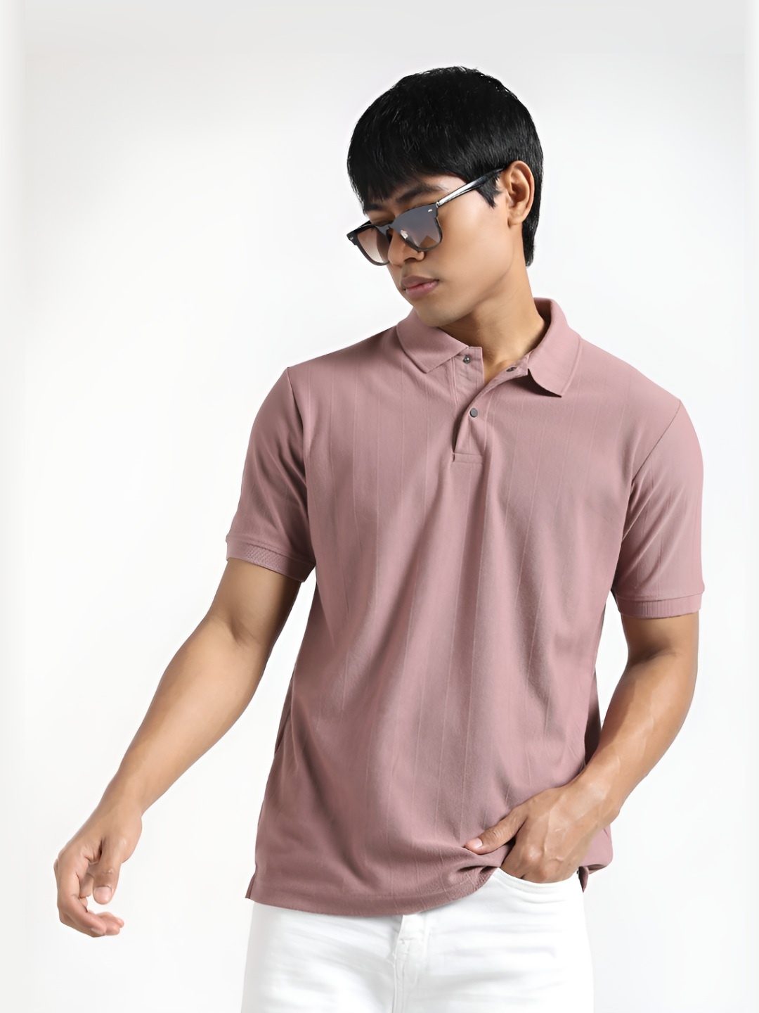 

R&B Men Polo Collar Raw Edge T-shirt, Pink