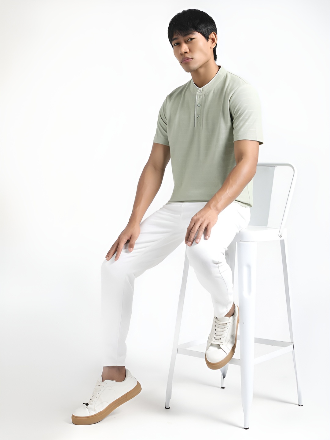 

R&B Men Floral Mandarin Collar Pockets T-shirt, Green