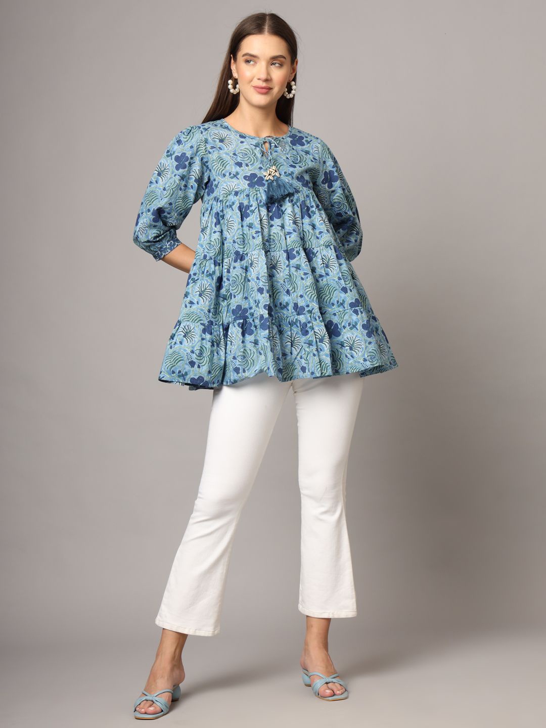 

FABRIC FITOOR Floral Print Bell Sleeve Cotton Top, Blue